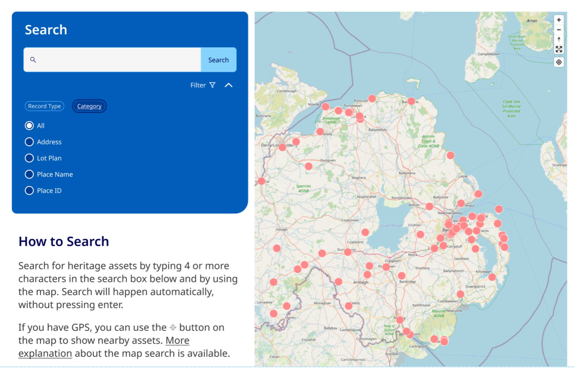 Search filter page displaying categories