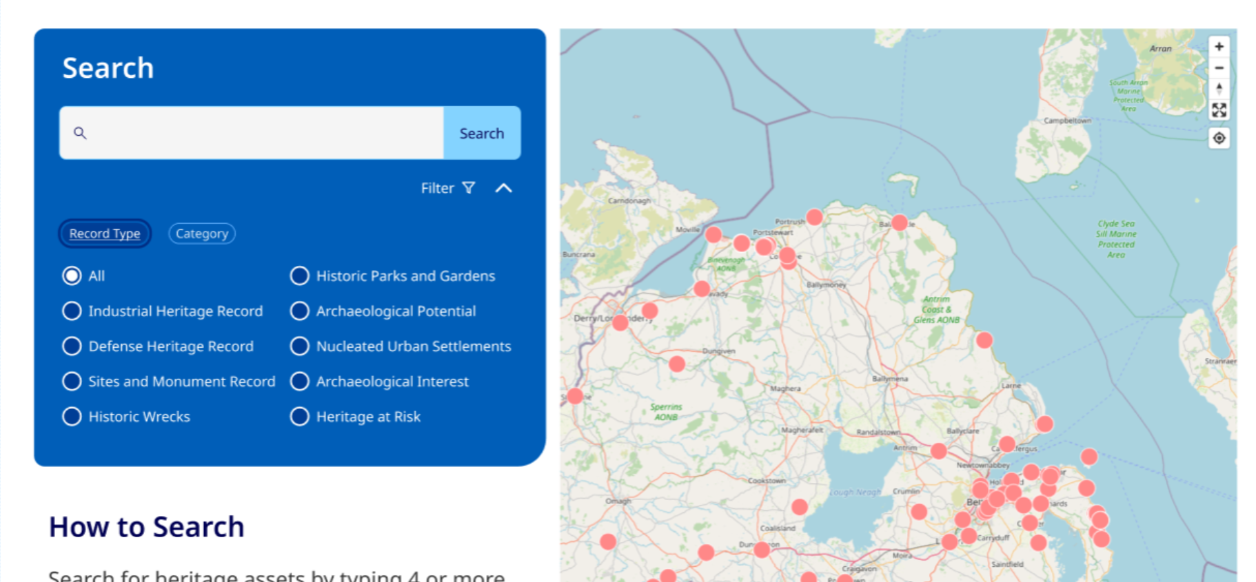 Search filter page displaying record type